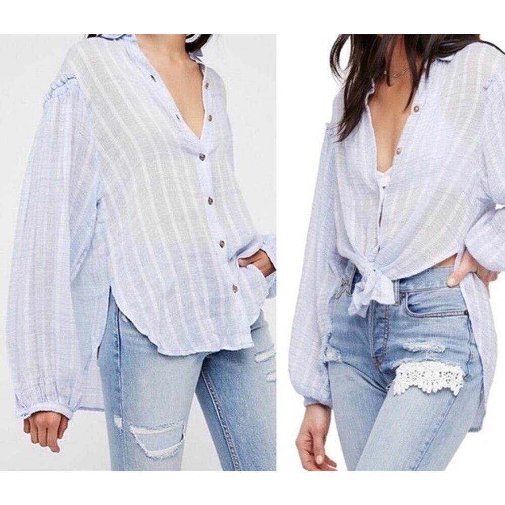 Free People Headed‎ To The Highlands Blue White Gauzy Shirt Womens Size XS Boho